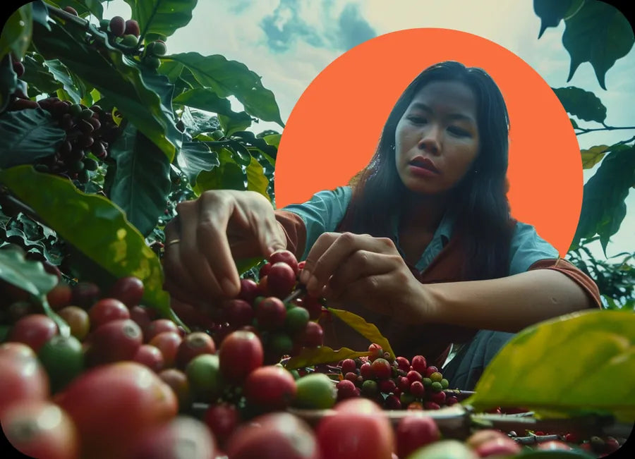 A direct-trade partner picking ripe coffee cherries