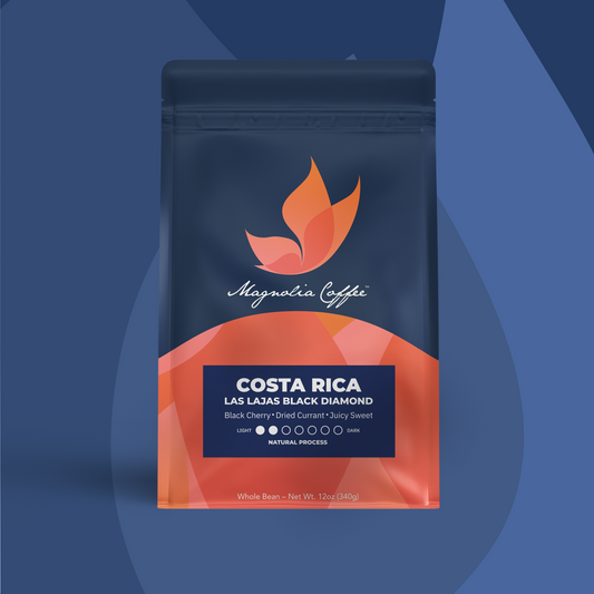 Costa Rica Las Lajas Black Diamond 12 oz bag, lighter roast, natural process, black cherry and dried currant notes