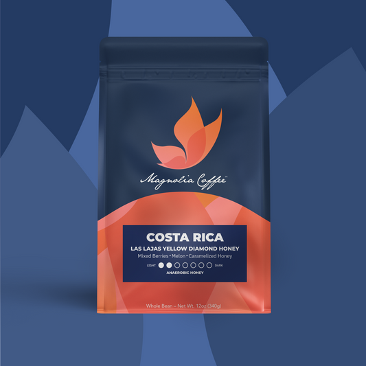 Costa Rica Las Lajas Yellow Diamond Honey 12 oz whole bean bag, lighter roast, anaerobic honey, berry and melon notes
