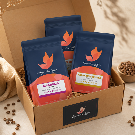 Three coffee packages from Magnolia Coffee in a cardboard box with scattered coffee beans around.