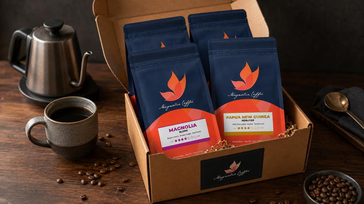 Box of Magnolia Coffee packages on a wooden table with a cup of coffee and coffee beans.